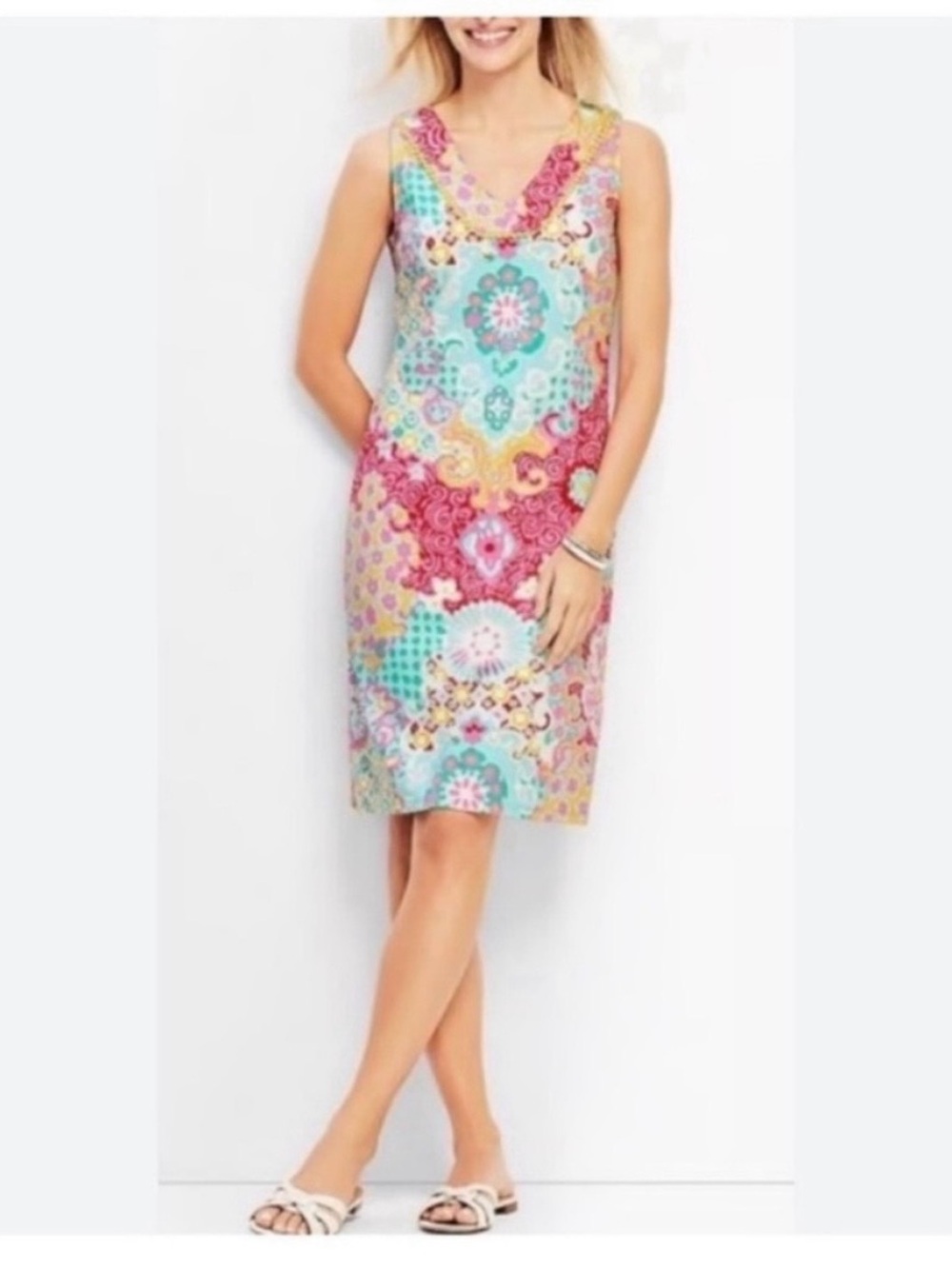 🩷 TALBOTS Pink, Yellow, White, and Blue Floral Paisley V-Neck Dress - Size XS